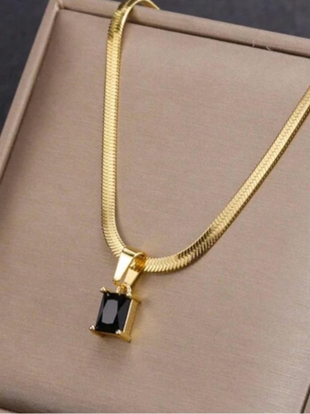 Gold Tone Chain Necklace with Black Stone Pendant - Women Jewelry